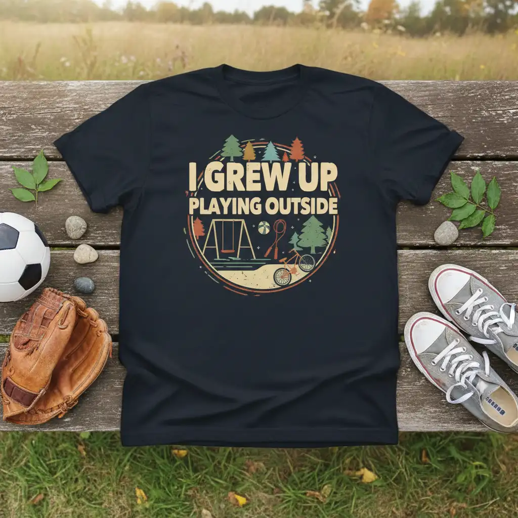 I Grew Up Playing Outside vintage quote on a dark t-shirt with playground graphics