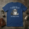 I Had My Patience Tested I'm Negative text with a grumpy cat wearing a mask on a navy blue t-shirt