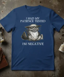 I Had My Patience Tested I'm Negative text with a grumpy cat wearing a mask on a navy blue t-shirt