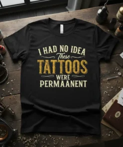 Black t-shirt with "I HAD NO IDEA These TATTOOS WERE PERMANENT" text in distressed yellow and white fonts