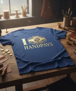 Blue t-shirt with gold "I HANDPAYS" text and graphic of hands holding coins