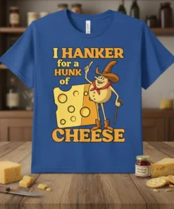 I HANKER for a HUNK of CHEESE text design with a cartoon cheese character wearing a cowboy hat