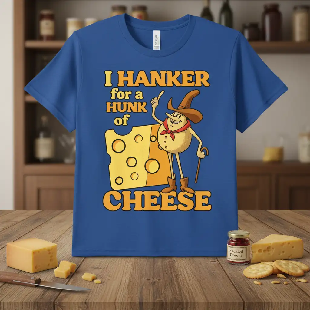I HANKER for a HUNK of CHEESE funny quote tee with a cartoon cheese character and Swiss cheese graphic