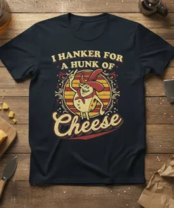I HANKER FOR A HUNK OF Cheese funny food pun t-shirt design with a cartoon cheese character wearing a cowboy