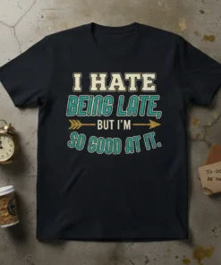 Humorous quote t-shirt with text "I HATE BEING LATE, BUT I'M SO GOOD AT IT." in vintage distressed style