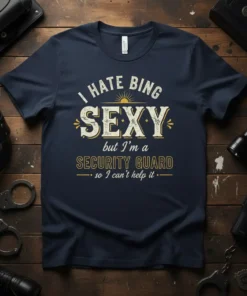T-shirt with "I HATE BING SEXY but I'm a SECURITY GUARD so I can't help it" text design in vintage