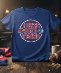 T-shirt with "I Hate Both Teams" text in red and white, featuring cartoon eagle and tiger graphics