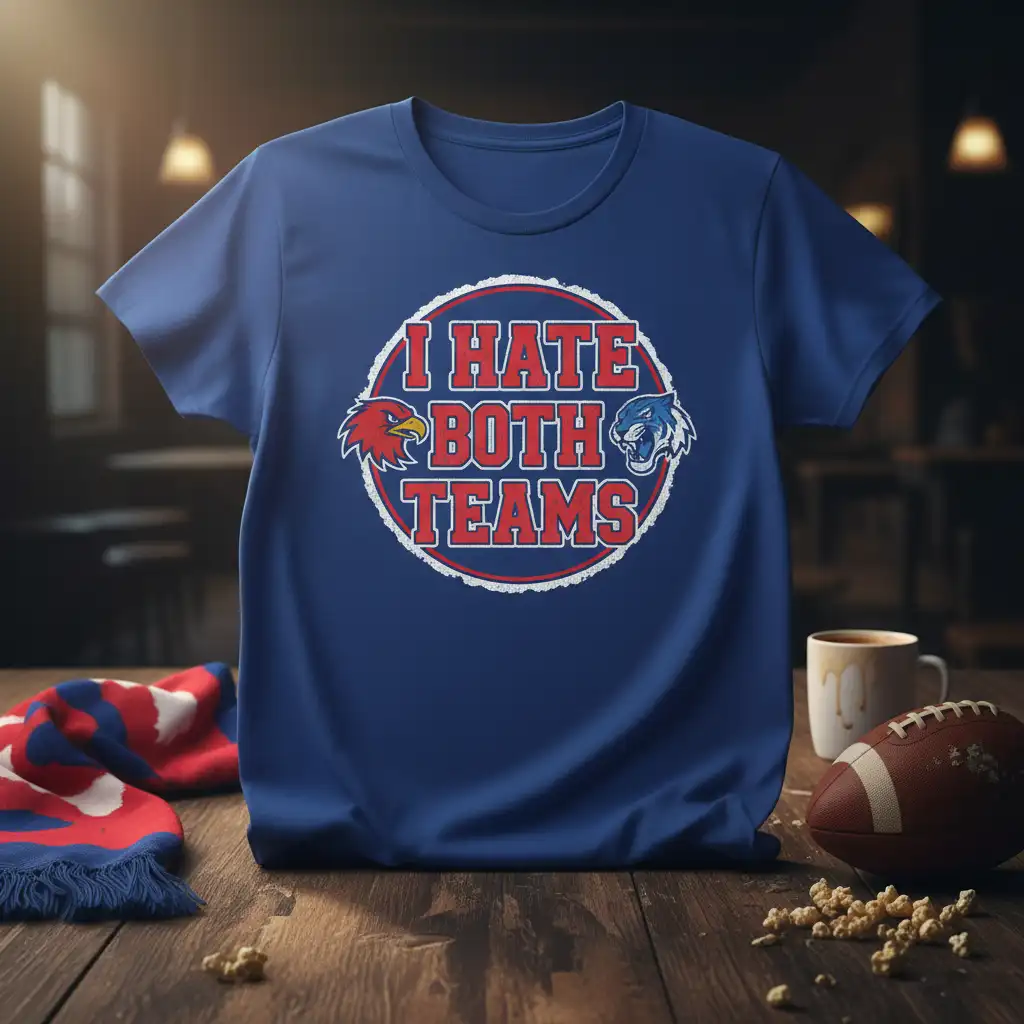 I Hate Both Teams quote with cartoon eagle and tiger graphics on a blue t-shirt design