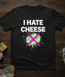 Black t-shirt with bold white text "I HATE CHEESE" and a graphic of cheese with a pink X