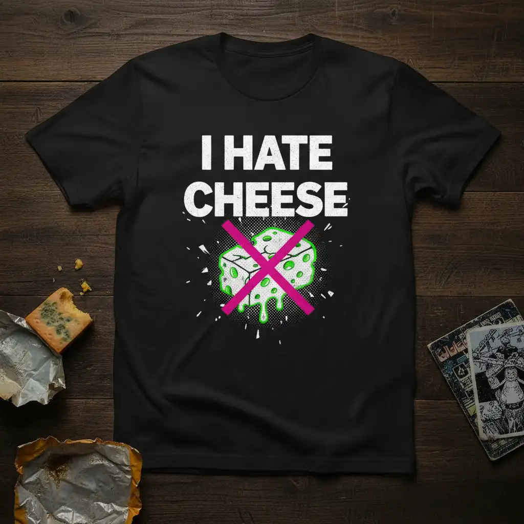 I HATE CHEESE text with a crossed-out cheese cube graphic on a black t-shirt