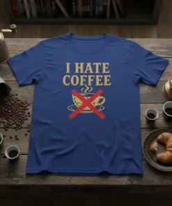 I Hate Coffee t-shirt with a gold distressed text and a red crossed-out coffee cup graphic