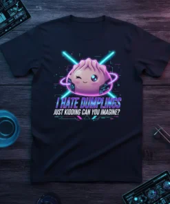 I Hate Dumplings Just Kidding Can You Imagine? quote with a cute kawaii dumpling graphic on a black t-shirt