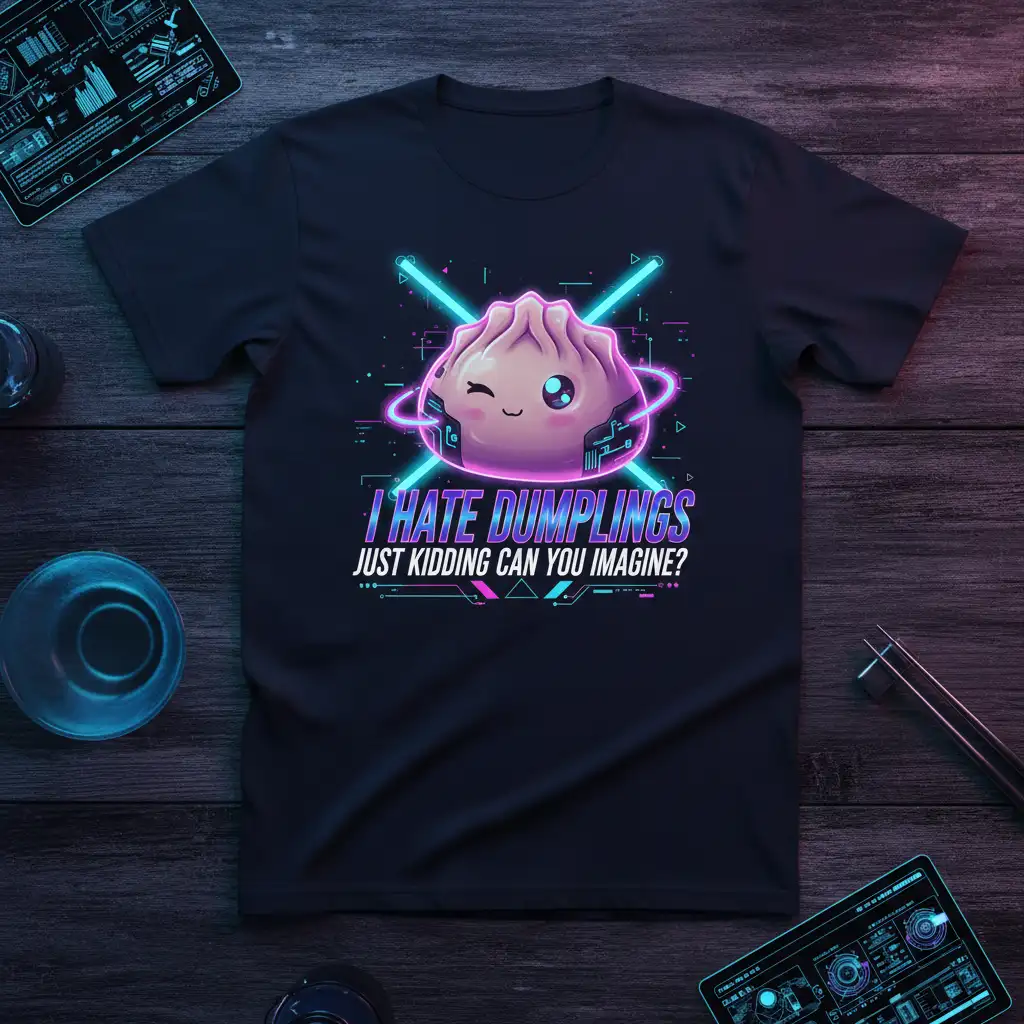 I Hate Dumplings Just Kidding Can You Imagine quote with kawaii dumpling character on black t-shirt