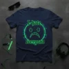 I hate everyone text with a glitchy sad face graphic on a navy t-shirt