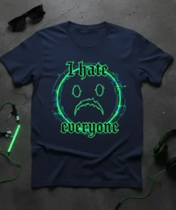 I hate everyone text with a glitchy sad face graphic on a navy t-shirt