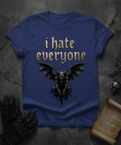 I hate everyone t-shirt with a detailed gothic demon illustration and distressed typography
