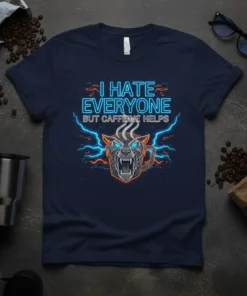 T-shirt with "I Hate Everyone But Caffeine Helps" neon text and a fierce wolf head graphic holding a coffee cup