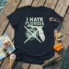 I Hate Florida T-Shirt design with distressed text and a map of Florida crossed out with a hurricane symbol