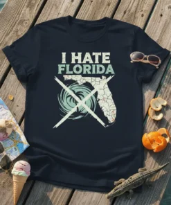 I Hate Florida T-Shirt design with distressed text and a map of Florida crossed out with a hurricane symbol