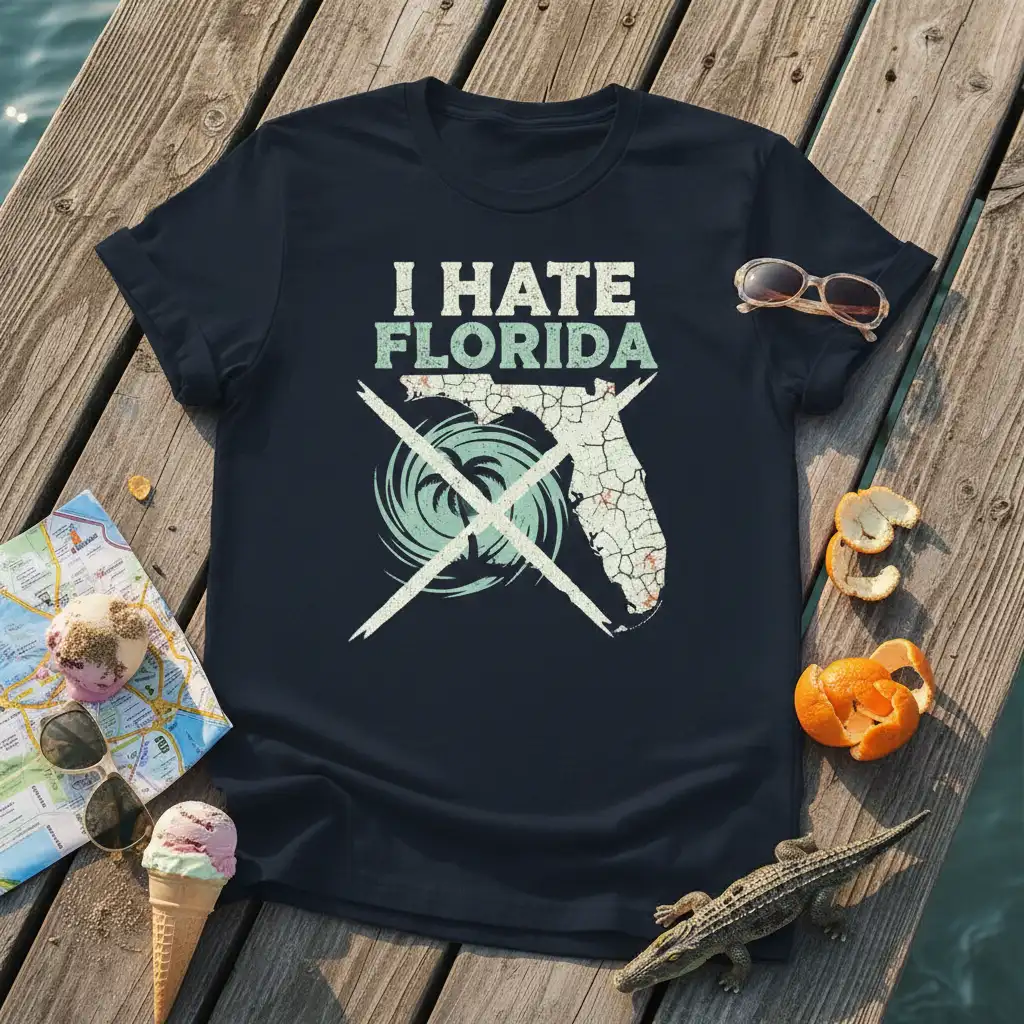 I Hate Florida text with a crossed-out Florida map and hurricane graphic on a navy t-shirt