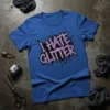 I HATE GLITTER text design with purple glitter and black splatters on a blue t-shirt