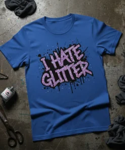 I HATE GLITTER text design with purple glitter and black splatters on a blue t-shirt