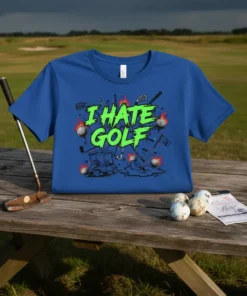 Blue t-shirt with "I HATE GOLF" in neon green, surrounded by flaming golf balls, clubs, and a golf cart