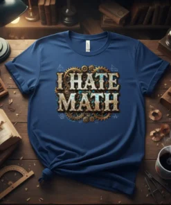 Steampunk "I Hate Math" quote t-shirt design with intricate gears and mathematical diagrams