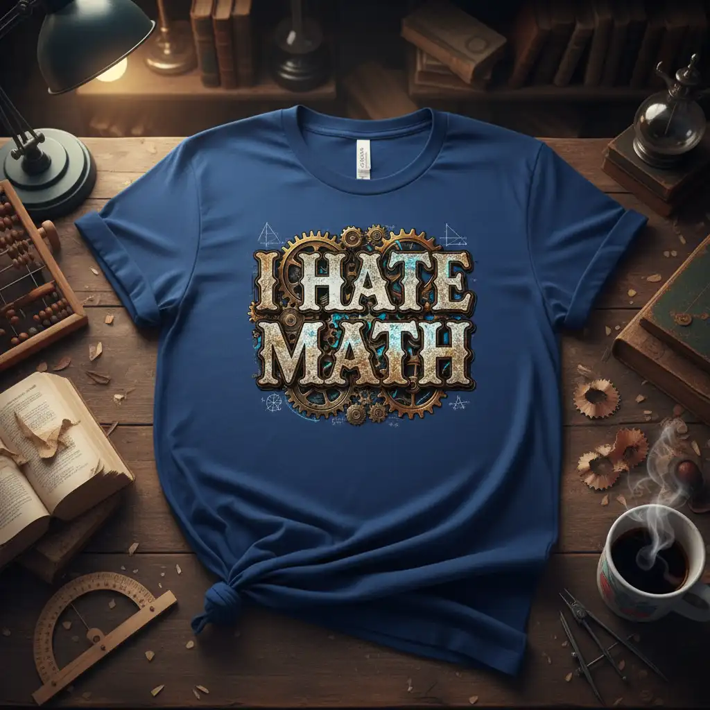 I Hate Math quote design with detailed steampunk gears and mathematical blueprints on a t-shirt