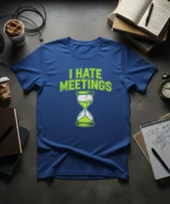 Blue t-shirt with "I HATE MEETINGS" in green distressed font and a cracked hourglass graphic below