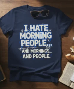 I Hate Morning People And Mornings And People quote t-shirt in bold white and blue distressed lettering on a navy