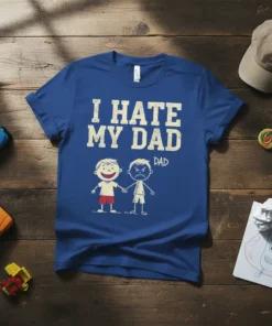 Blue t-shirt with distressed text "I HATE MY DAD" and two stick figures, one happy and one grumpy, holding hands