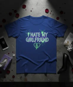 Blue t-shirt with "I HATE MY GIRLFRIEND" in neon green distressed font and a broken heart graphic