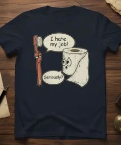 I hate my job Seriously quote t-shirt featuring a cartoon toothbrush and toilet paper with speech bubbles