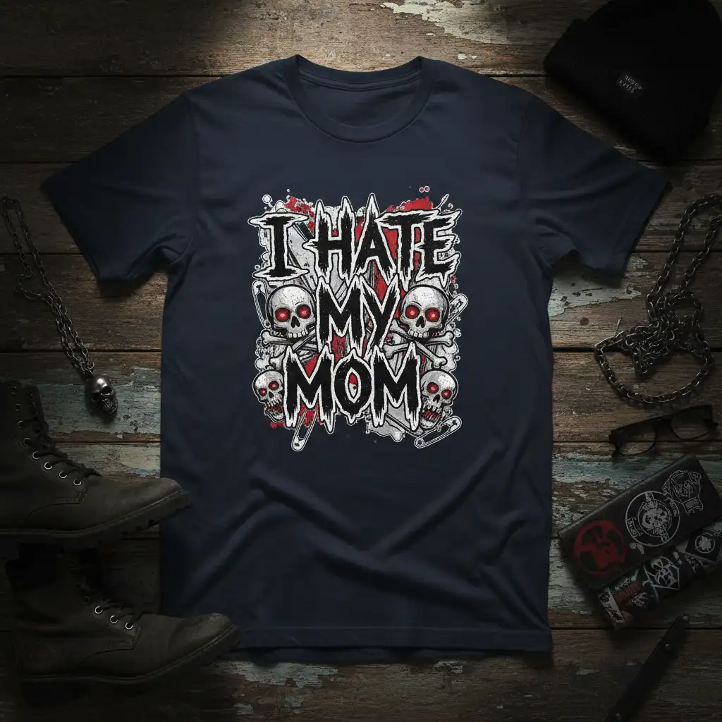 I HATE MY MOM text with skull and bones graphic design on a dark navy t-shirt, edgy punk style