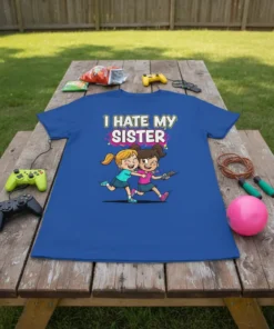 I HATE MY SISTER text with cartoon sisters hugging, on a blue t-shirt