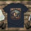 Bear hiking with backpack and campfire, text "I HATE PEOPLE" in distressed font, surrounded by a woodland wreath