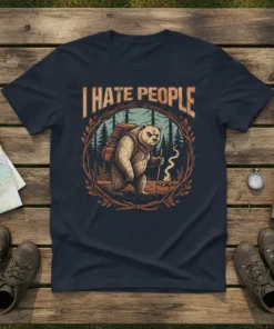 Bear hiking with backpack and campfire, text "I HATE PEOPLE" in distressed font, surrounded by a woodland wreath