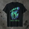 Bigfoot and alien giving middle fingers with "i HATE PEOPLE" text, set against a vibrant alien landscape backdrop