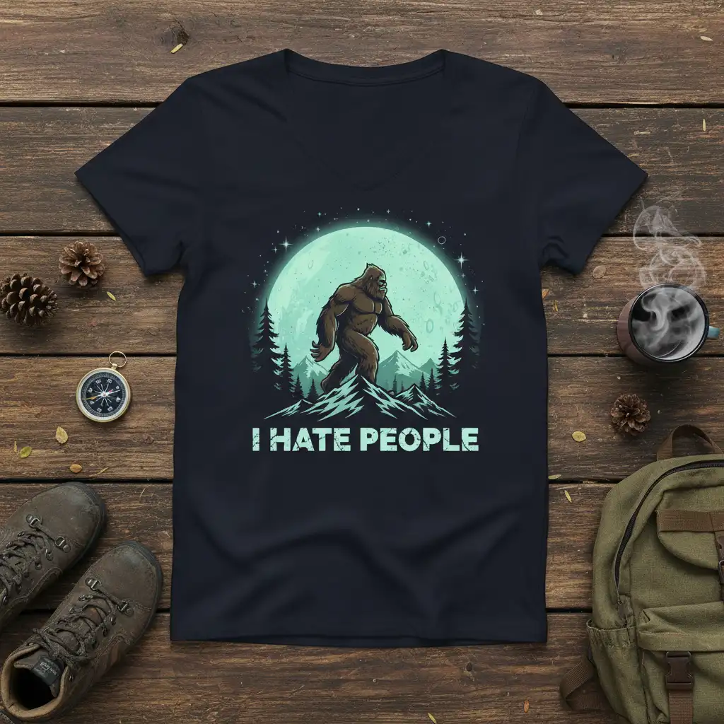 I Hate People Bigfoot graphic tee with Sasquatch, moon, and mountains design