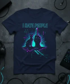 I HATE PEOPLE text with a cyberpunk cat and middle finger graphic on a navy t-shirt