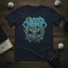 I Hate People graphic t-shirt design featuring bold blue and yellow heavy metal style lettering and a creature with multiple