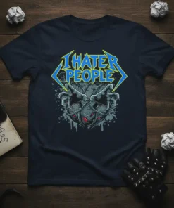 I Hate People graphic t-shirt design featuring bold blue and yellow heavy metal style lettering and a creature with multiple