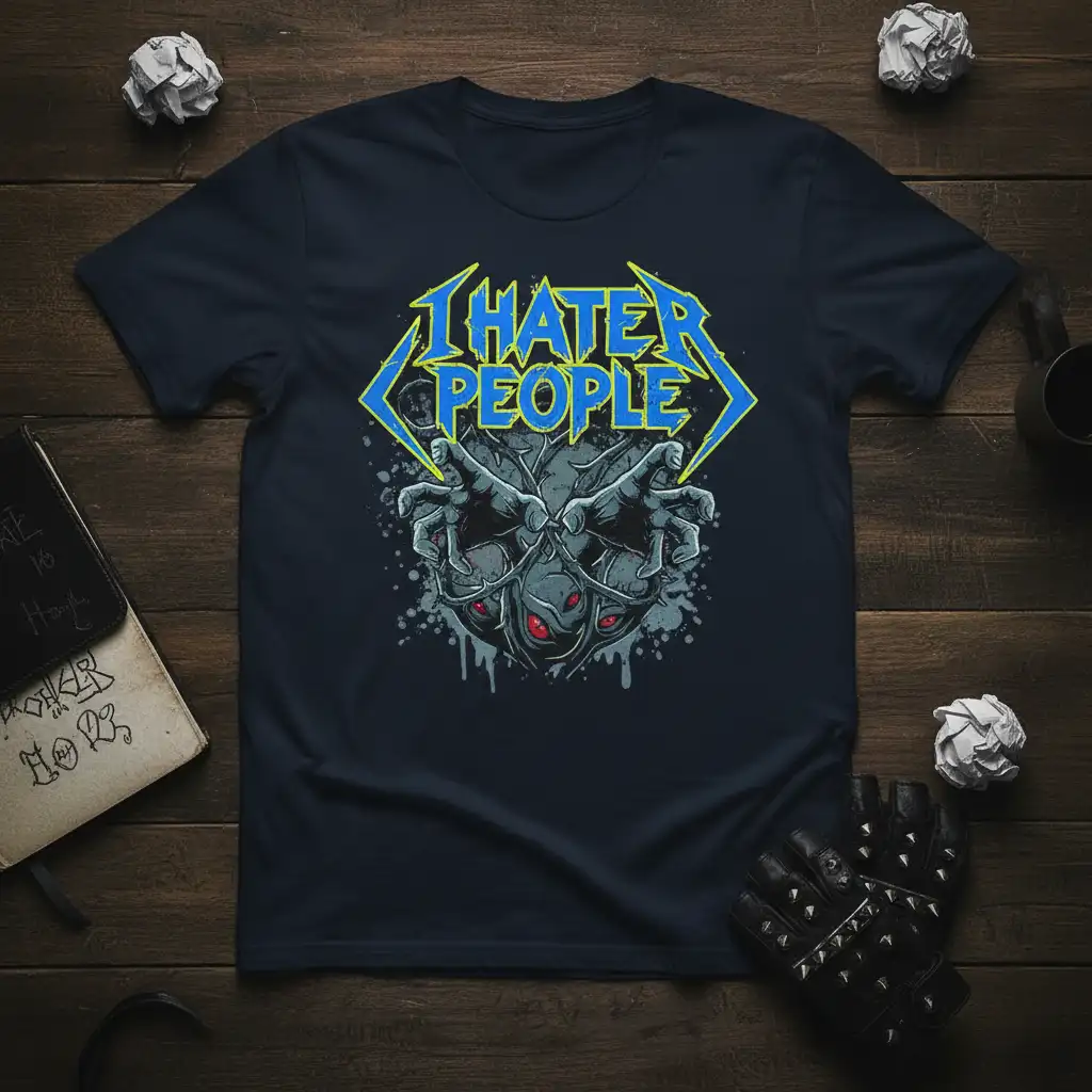 I Hate People heavy metal style text with a monstrous graphic on a dark t-shirt