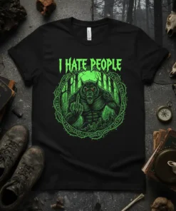 I Hate People T-Shirt with a green werewolf graphic flipping the middle finger, surrounded by thorny vines