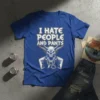 I Hate People And Pants t-shirt with a graphic of a horned skull wearing a jacket and chains