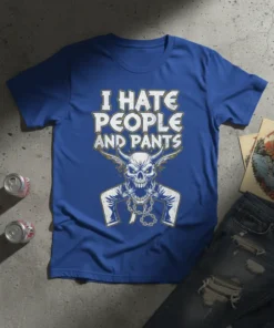 I Hate People And Pants t-shirt with a graphic of a horned skull wearing a jacket and chains