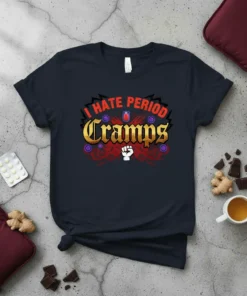 I HATE PERIOD Cramps text on a dark t-shirt with a raised fist graphic, relating to period pain
