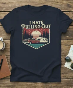 I HATE Pulling-Out t-shirt design with vintage camper, car, and sunset graphic