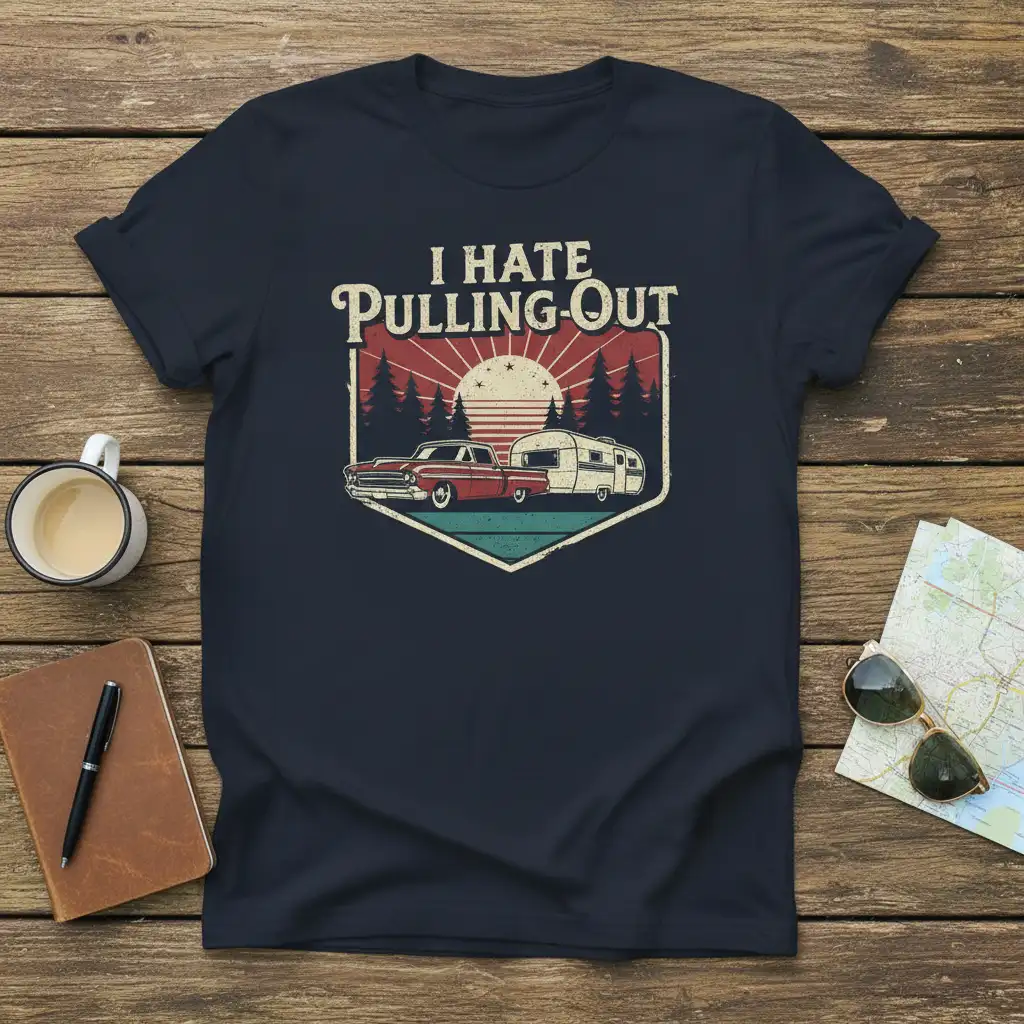 I HATE Pulling-Out quote t-shirt with vintage car and camper trailer scene